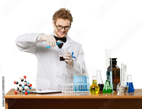 Scientist man with colored liquid in his laboratory