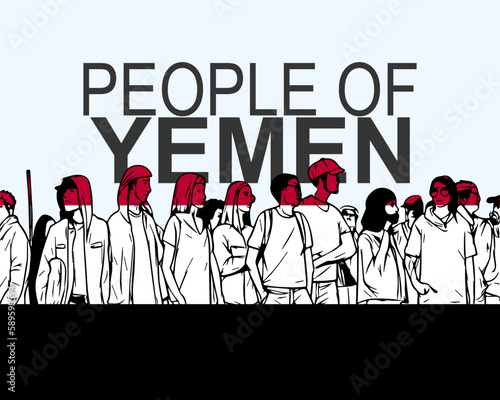 People of Yemen with flag, silhouette of many people, gathering idea