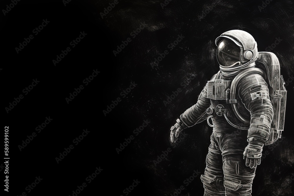 Illustration of astronaut drawn with white chalk on blackboard, discoveries concept. Generative AI