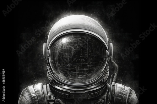 Illustration of astronaut drawn with white chalk on blackboard, discoveries concept. Generative AI