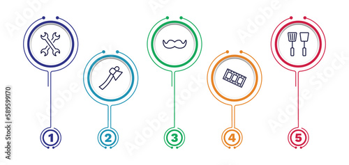 set of tools and utensils thin line icons. tools and utensils outline icons with infographic template. linear icons such as cross wrench, moustaches, kitchen tools, hand axe, film strip photograms