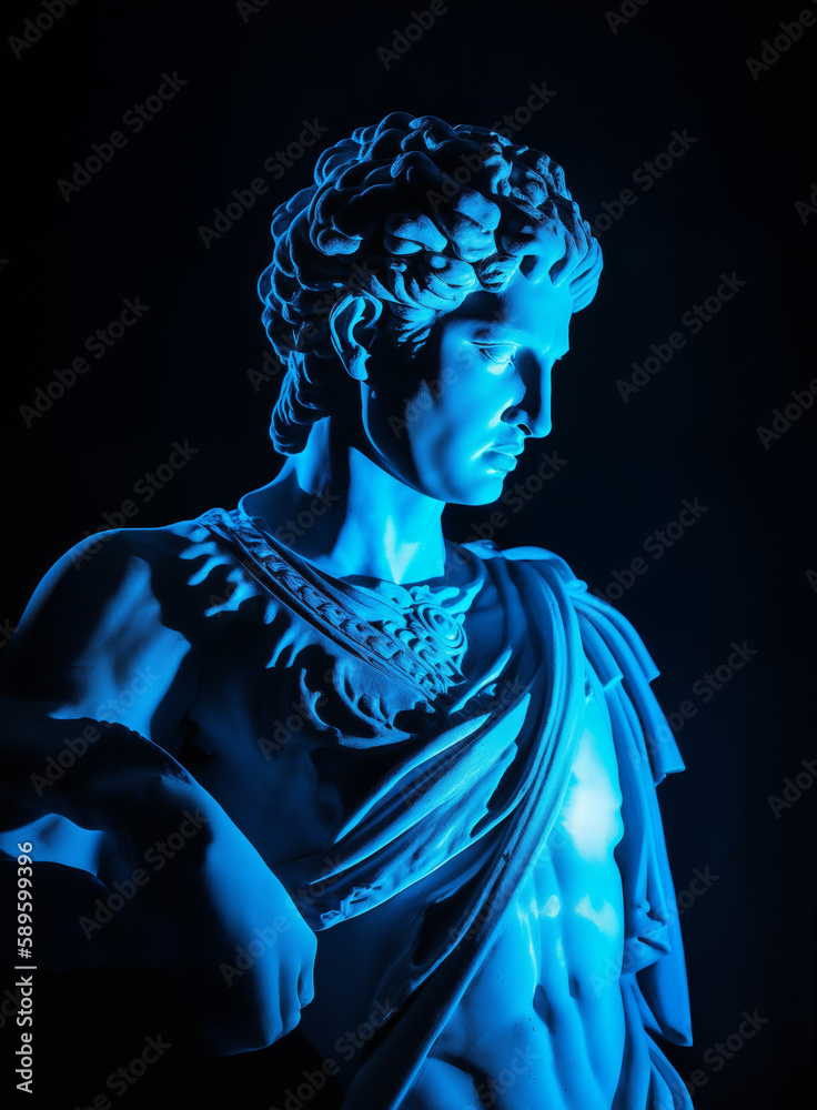 Gypsum ancient statue over black background, blue dramatic light. Generative ai