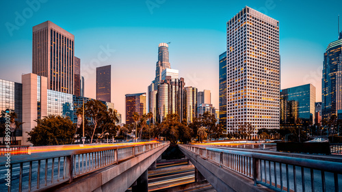 the skyline of los angeles during sunset