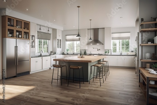 Modern kitchen interior   Modern new light interior of kitchen with white furniture and dining table with wooden floor   Scandinavian classic kitchen with wooden and white details  Generative AI