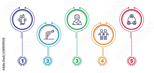 set of people and relation thin line icons. people and relation outline icons with infographic template. linear icons such as snuggle, kidnapping, serve, ruku, friends vector.