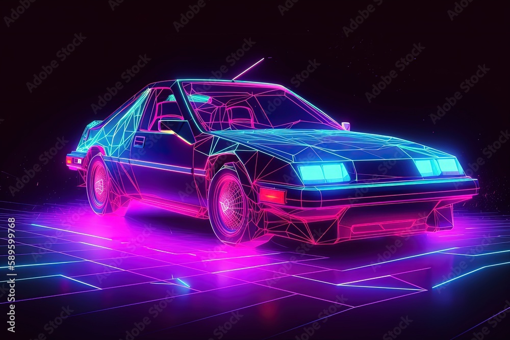 Futuristic vintage car illustration, retro style, 80s, vaporwave, neon light. Generative AI