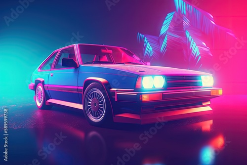 Futuristic vintage car illustration  retro style  80s  vaporwave  neon light. Generative AI