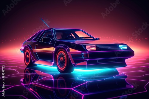 Futuristic vintage car illustration  retro style  80s  vaporwave  neon light. Generative AI