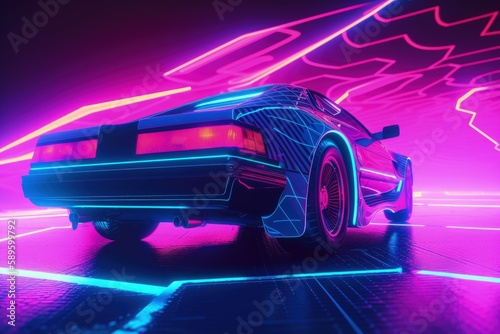 Futuristic vintage car illustration  retro style  80s  vaporwave  neon light. Generative AI