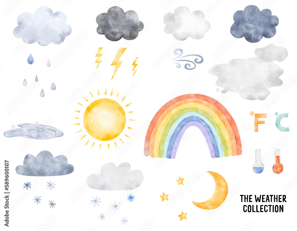 Weather watercolor collection for children. Clouds, rainy days clip art. Sun and cold autumn, winter, spring graphic set.  Summer Rainbow illustration for kids. Educational clip art  - obrazy, fototapety, plakaty 