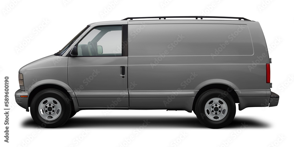 Small classic cargo van in gray, isolated on a white background.
