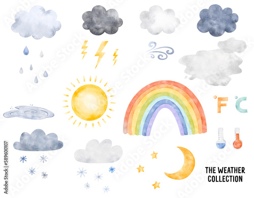 Weather watercolor collection for children. Clouds, rainy days clip art. Sun and cold autumn, winter, spring graphic set.  Summer Rainbow illustration for kids. Educational clip art 