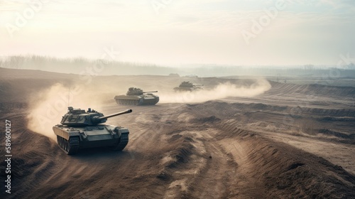 Tanks surrounded by a dust cloud in a war zone, aiming guns to the right. Generative AI.