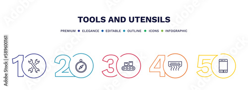 set of tools and utensils thin line icons. tools and utensils outline icons with infographic template. linear icons such as cross wrench, orientation compass, packing hine, air conditioning, modern