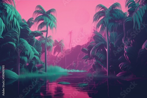 Jungle illustration  game scene  retro style  80s  vaporwave  neon light. Generative AI
