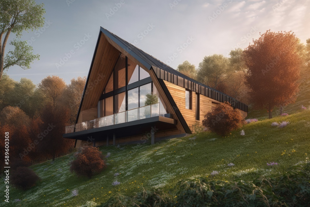 Landscape with modern house in nature, wood trim, architecture concept. Generative AI