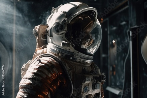 Astronaut in a spacesuit and helmet on the background of the planet, Generative Ai