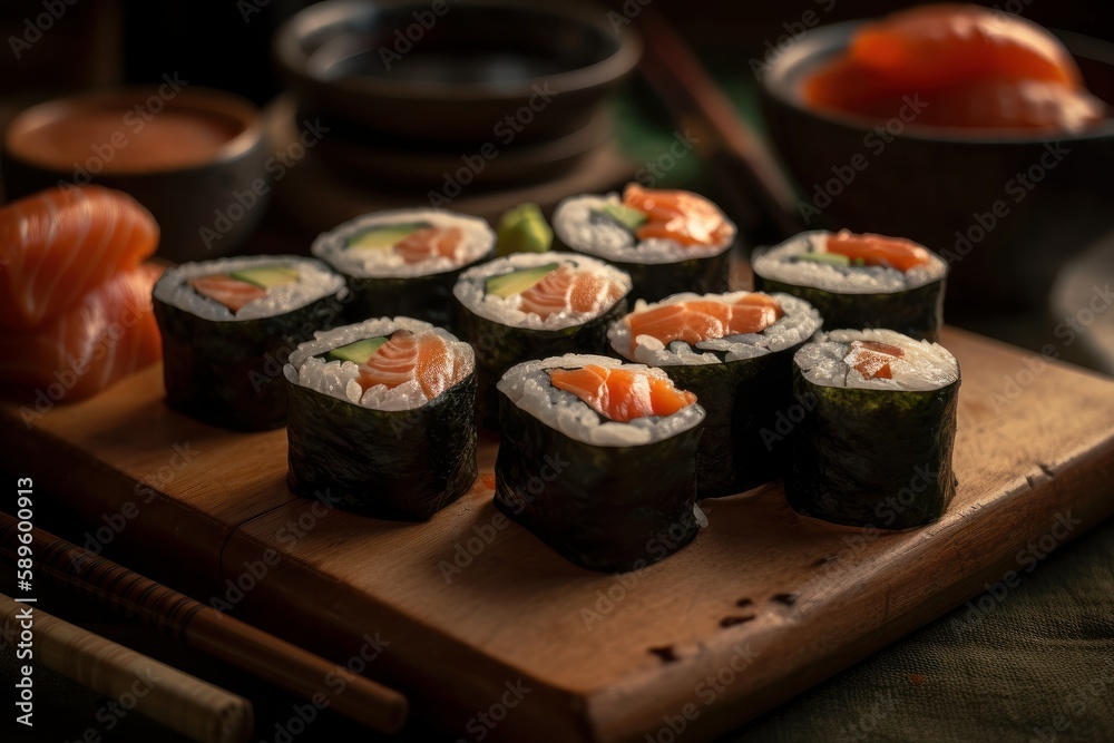 Sushi set in a wooden box on a wooden board, Generative Ai Sushi set in a wooden box on a wooden board, Generative Ai