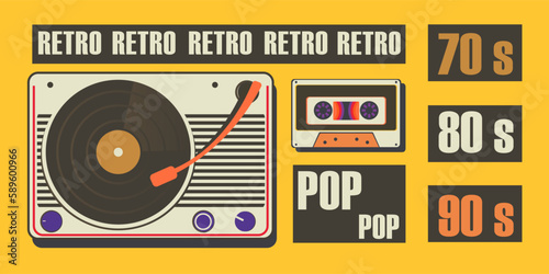 Tape recorder for playing vinyl records and audio cassette retro background. Old school concept.
