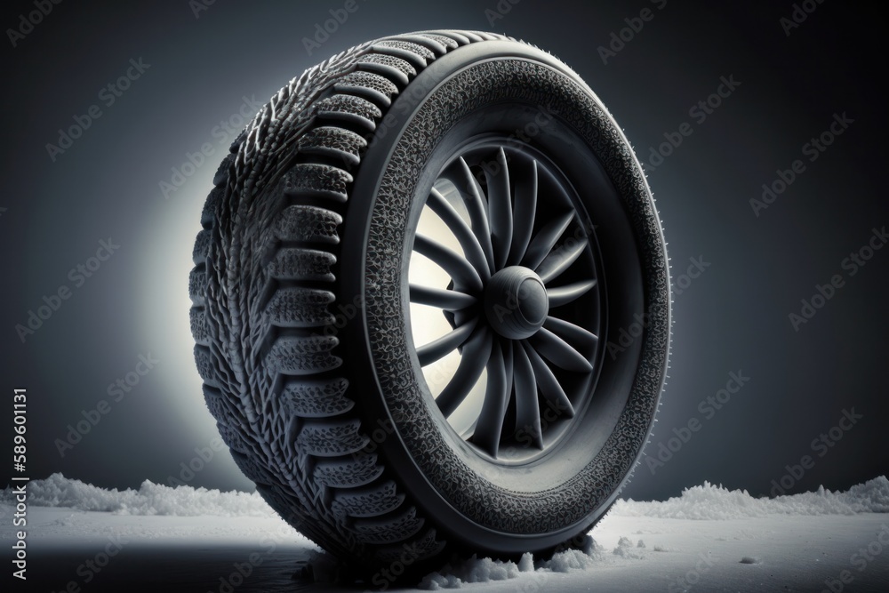 Winter tires covered with snow on the road in the snowy forest, Generative Ai