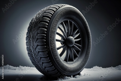 Winter tires covered with snow on the road in the snowy forest, Generative Ai © Angus.YW