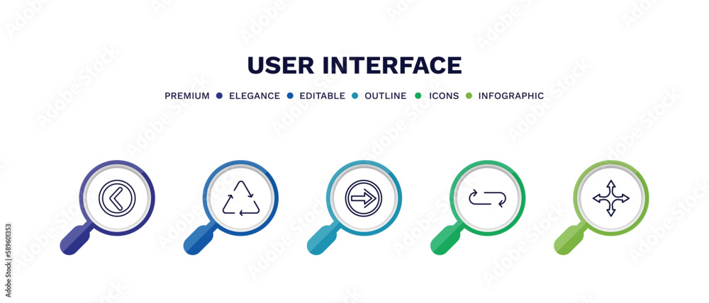 set of user interface thin line icons. user interface outline icons with infographic template. linear icons such as round left button, recycle, go back button, loop arrow, four expand arrows vector.