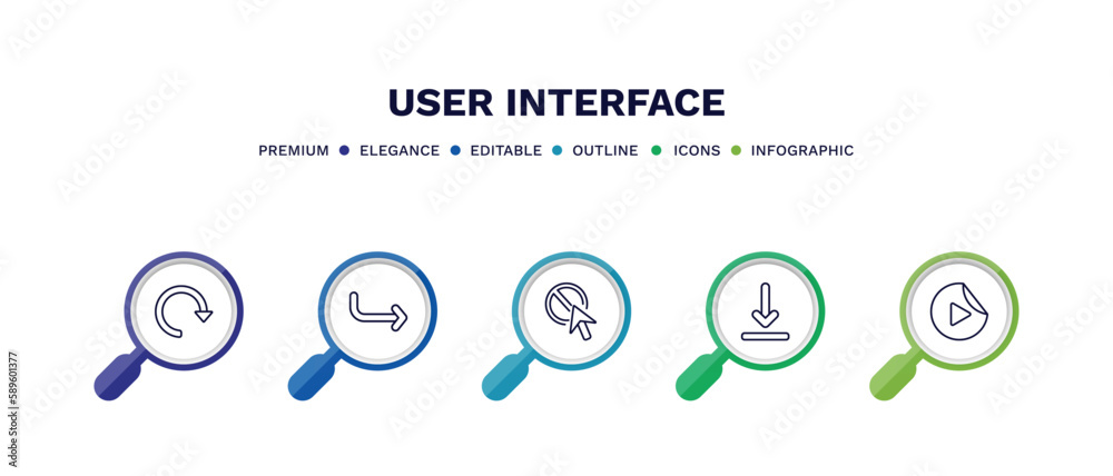 set of user interface thin line icons. user interface outline icons with infographic template. linear icons such as redo arrow, curve right arrow, forbidden cursor, download arrow, video play set of user interface thin line icons. user interface outline icons with infographic template. linear icons such as redo arrow, curve right arrow, forbidden cursor, download arrow, video play