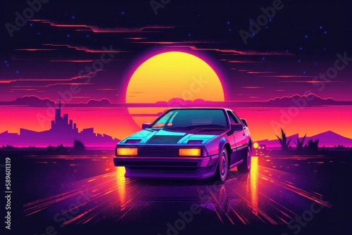 Retro car on the road at sunset. Digital illustration in retro style, Generative Ai