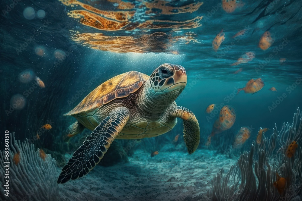 Fototapeta premium Hawaiian Green Sea Turtle swim in the blue ocean underwater, Generative Ai