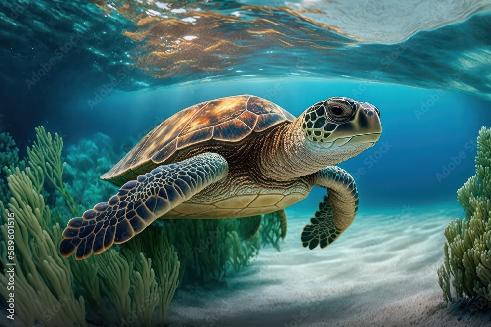 Fototapeta premium Hawaiian Green Sea Turtle swim in the blue ocean underwater, Generative Ai