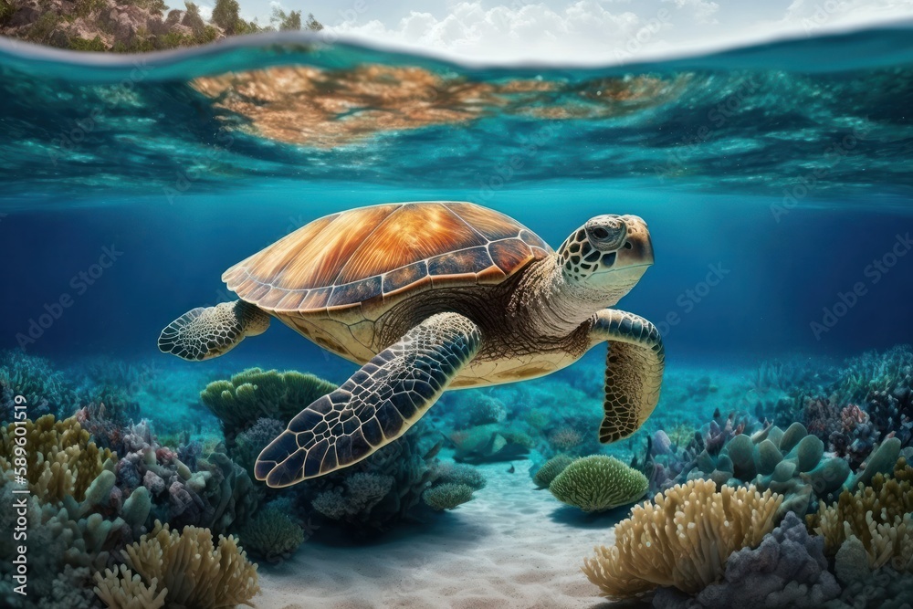 Hawaiian Green Sea Turtle swim in the blue ocean underwater, Generative ...