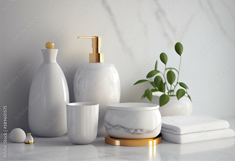 Luxury white marble tabletop with ceramic bath accessories containers and copy space. Generative AI