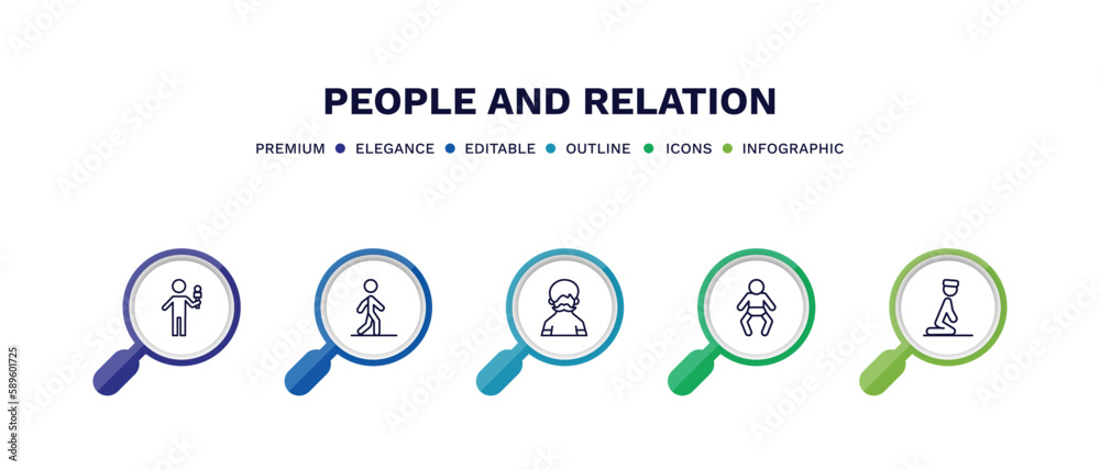 set of people and relation thin line icons. people and relation outline icons with infographic template. linear icons such as foreign reporter, bast, hairy, baby with diaper, julus vector.