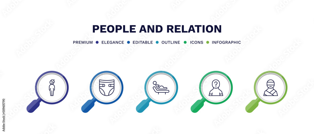set of people and relation thin line icons. people and relation outline icons with infographic template. linear icons such as bohemian, baby diaper, birth, unknown, kidnapping vector.