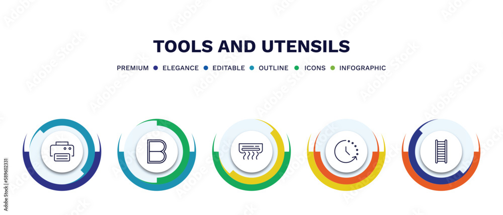 set of tools and utensils thin line icons. tools and utensils outline icons with infographic template. linear icons such as print button, bold, air conditioning, time left, hanging ladder vector.