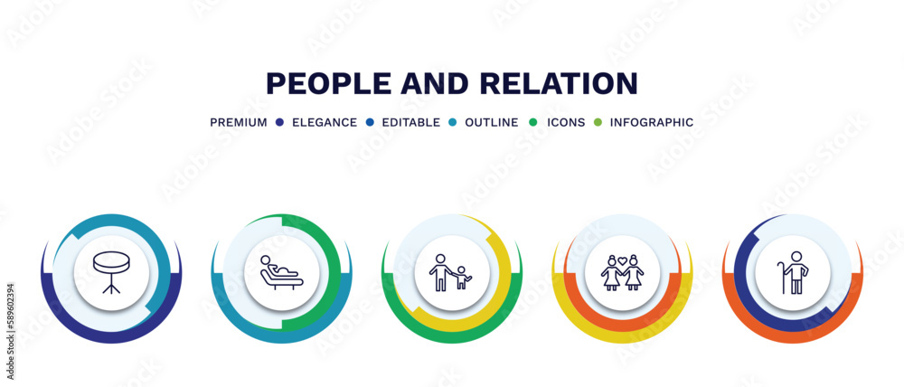 set of people and relation thin line icons. people and relation outline icons with infographic template. linear icons such as round table, birth, father and children, lesbian couple, shepherd