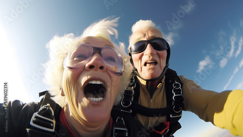 Extreme 70 yo retired couple skydiving. Wide angle selfie, action camera panoramic view. Generative ai