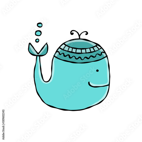 Funny wild whale character. Childish style icon, turquoise colors. Isolated o...
