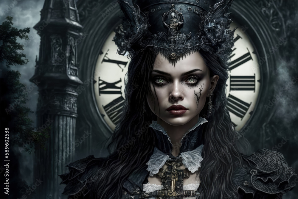 A gothic style portrait of an attractive girl with a clocktower in the background. Created with Generative AI, no one recognisable. Not a real person.