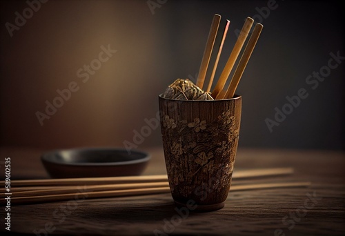 wooden chopsticks placed on the wooden cup. Generative AI