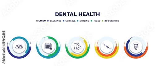 set of dental health thin line icons. dental health outline icons with infographic template. linear icons such as plaque, medical appointment, apicoectomy, dental probe, implant fixture vector.