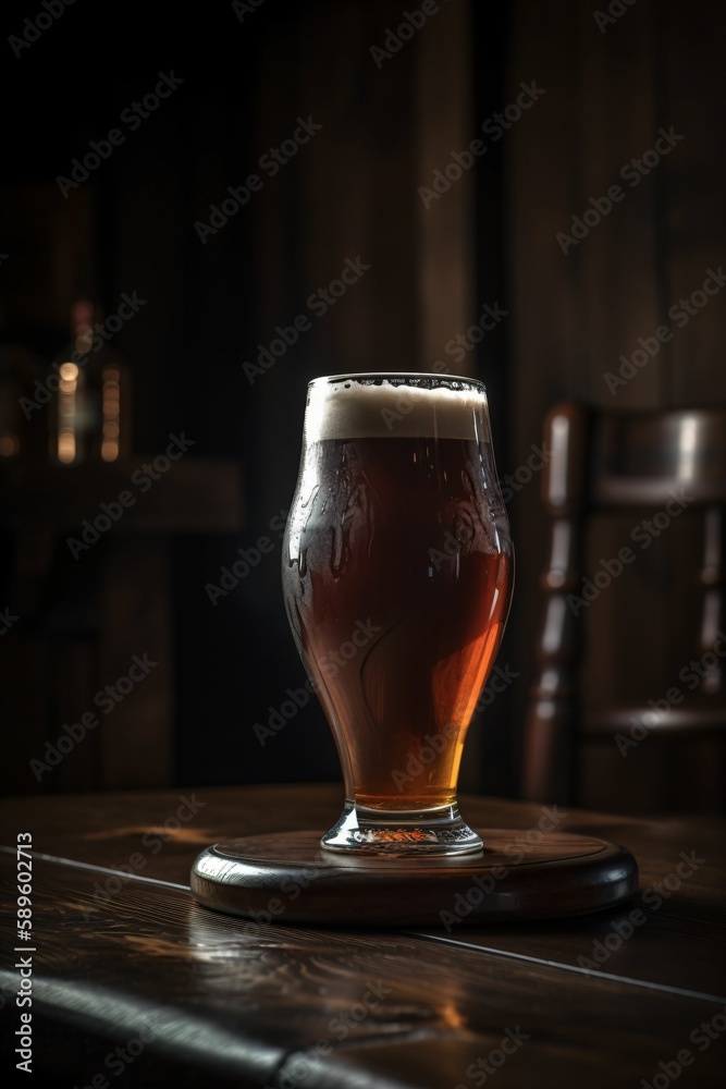 Pinte de bière avec de la mousse, verre sur un comptoir en bois dans un pub ou dans un bar, illustration ia générative 10 Pinte de bière avec de la mousse, verre sur un comptoir en bois dans un pub ou dans un bar, illustration ia générative 10