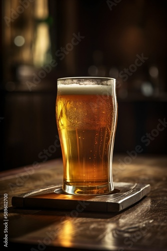 Pinte de bière avec de la mousse, verre sur un comptoir en bois dans un pub ou dans un bar, illustration ia générative 9