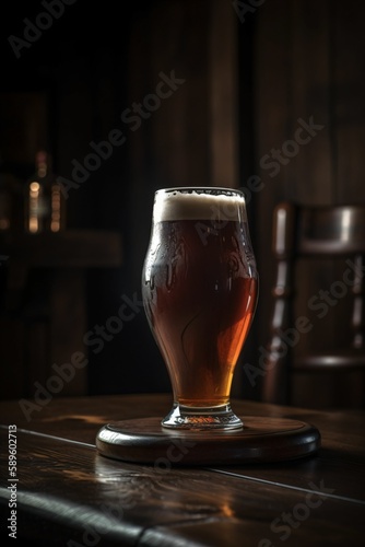 Pinte de bière avec de la mousse, verre sur un comptoir en bois dans un pub ou dans un bar, illustration ia générative 10