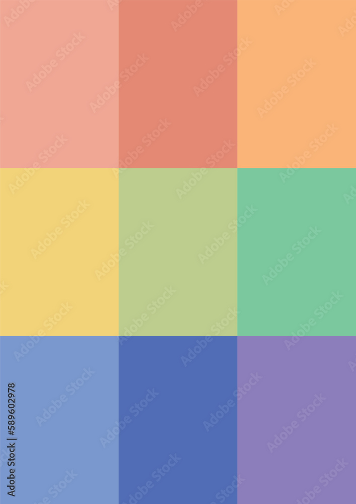 9分割したカラフルな縦向きの長方形の背景 - 縦3分割･横3分割･明るい9色 - A版