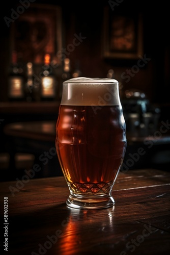 Pinte de bière avec de la mousse, verre sur un comptoir en bois dans un pub ou dans un bar, illustration ia générative 13