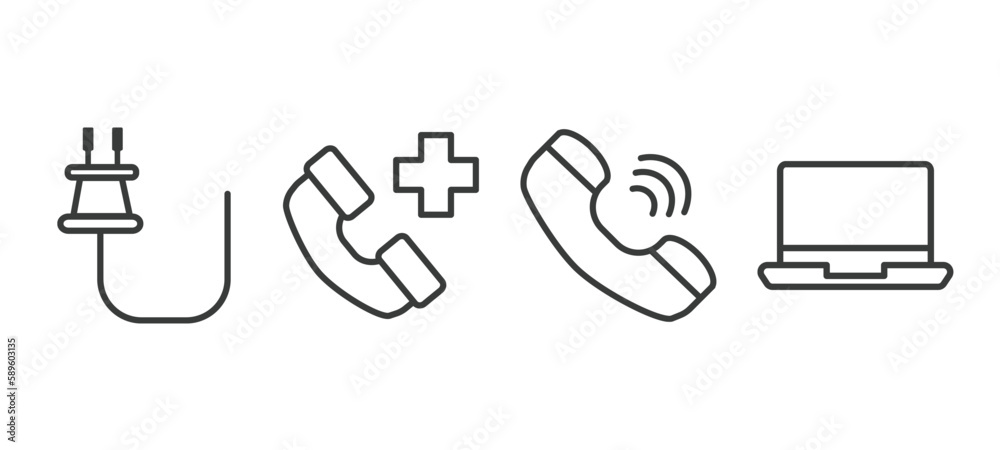 set of technology thin line icons. technology outline icons included basic plug, add call, telephone receiver, laptop frontal monitor vector. set of technology thin line icons. technology outline icons included basic plug, add call, telephone receiver, laptop frontal monitor vector.