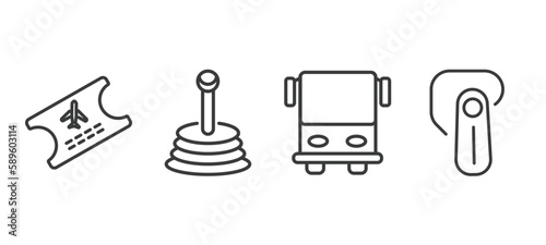 set of transportation thin line icons. transportation outline icons included plane tickets, gearshift, public transportation, hands free device vector.
