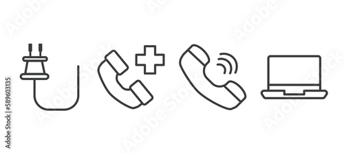 set of technology thin line icons. technology outline icons included basic plug, add call, telephone receiver, laptop frontal monitor vector.
