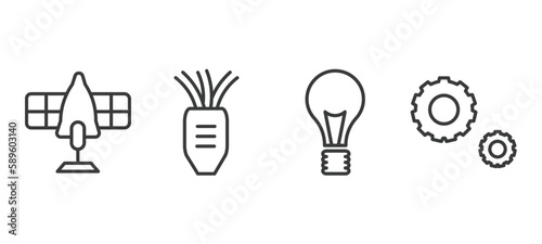 set of technology thin line icons. technology outline icons included solar plane, tinsel, light bulb turned off, services vector.
